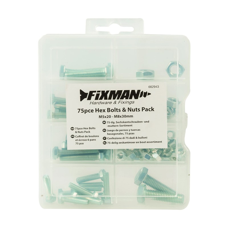Fixman 662943 Hexagonal Screws and Nuts Assortment 75 Pieces, Grey,