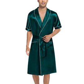 SWOMOG Men's Satin Robe with Shorts Set Silky Short Sleeve Kimono Bathrobe Lightweight Soft Sleepwear