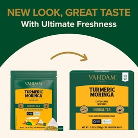 VAHDAM, Turmeric Moringa Superfood Herbal Tea Bags (100 Count) Caffeine Free, Non GMO, Gluten Free | 100% Pure Herbal Blend - Sweet & Earthy | Whole Loose-Leaf Tea Bags | Resealable Ziplock Pouch