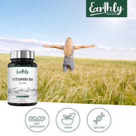 Vitamin B6 12.5 mg, 365 vegan tablets, contributes to a healthy metabolism, normal function of the nervous and immune system, contributes to the reduction of fatigue. Earthly Nutrition
