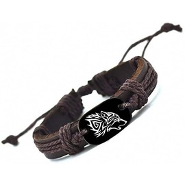 Wolf Bracelet for Men and Women Adjustable Braided Leather Yak Bone Carved Wolf Head Viking Vintage Woven Rope Leather Bracelets Unisex Jewelry Gift Wolf Side