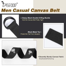Men Black Canvas Belt,JASGOOD Webbing Cloth D Ring Buckle Belt Extra Long with Metal Tip for Pants,Fit Waist Size 34-39 inch,Black(One Pack)