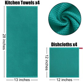 Kitinjoy 100% Cotton Kitchen Towels and Dishcloths Set, 8 Pack Waffle Weave Dish Towels Ultra Soft Absorbent Quick Drying Dish Rags, 13 x 28 Inch and 12 X 12 Inch, Teal