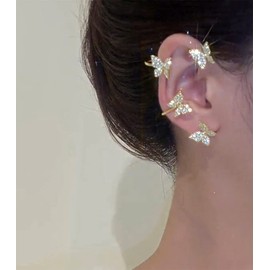 2Pcs Zircon Butterfly Ear Cuff Earrings for Women No Piercing Butterfly Ear Clip Wrap Around Fake Earrings Ear Wrap Crawler Rhinestone Wrap Earrings (gold)