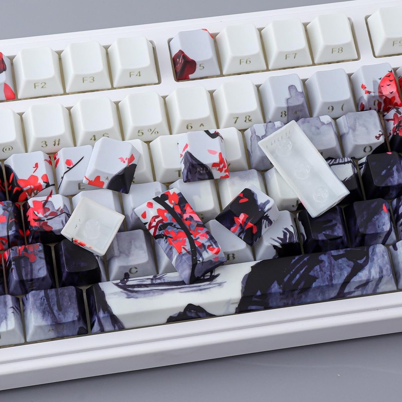 JOMKIZ Ink Painting Keycaps, Red Plum Blossom Landscape Cherry Profile