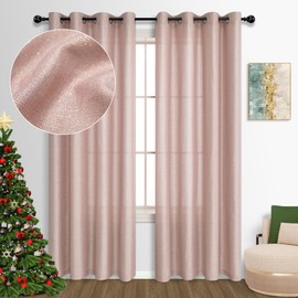 Pink and Gold Curtains 84 Inch Length for Living Room 2 Panels Grommet Drapes Semi Sheer Sparkle Shiny Shimmer Glitter Rose Gold Curtain for Girls Bedroom Iridescent Pretty Decoration 52x84 Long Blush