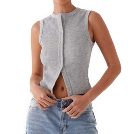 Women's Button Down Tank Top Sleeveless Ribbed Knit Cropped Vest Solid Color Summer Casual Tops(US, Alpha, Large, Regular, Regular, Gray)