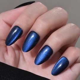 Stbisen Cat Eye Press on Nails Short Almond, Gold Press-On Nails Almond, Fashion Gel Fake Nails, Reusable Acrylic Fake Nails, Glossy Stick on Nails for Women Gift, Glue on Nails Kit, Starlit Abyss