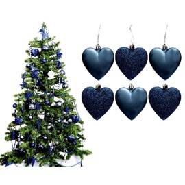 6pc Large Glitter & Matte Heart Baubles - Great Christmas Tree Decorations, Heart Baubles (Navy)
