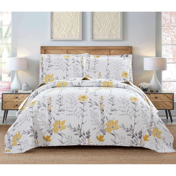 3 Pcs Twin Size Flower Bedding Quilt Set Lightweight Summer Bedspread Floral Daybed Cover Yellow White Plant Vintage Garden Coverlet Blanket,68x86 with 2 Standard Pillow Shams
