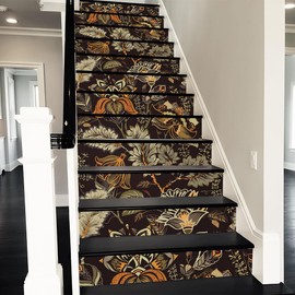 REDAMANCY Vintage Boho Orange Paisley Flowers Brown Peel and Stick Vinyl Stair Riser Decals Staircase Tile Stickers Decor Modern Marble Decoration Self-Adhesive(14 Pcs)