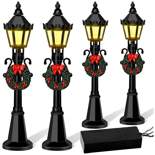 Christmas Mini Street Light Models, 4 Pcs Mini Street Lamp Dollhouse Streetlight Models, Miniature Christmas Village Pathway Lantern Post for DIY Micro Landscape Fairy Garden Accessories