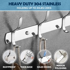 Thickened 304 Stainless Steel Coat Hooks - 16 Inches 5 Two-Hooks Coat Rack Wall Mounted, Rustproof Heavy Duty Coat Rack Wall Mount, Anti-Sliding Towel Hooks, Holding up to 44 lbs, 1 Pack