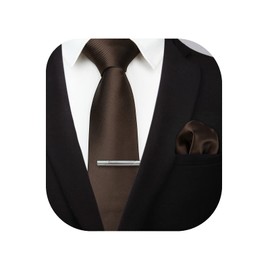 HISDERN Brown Solid Color Wedding Tie and Pocket Square, Classic Tie Clip Set for Men-Multiple Colors