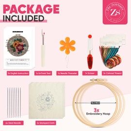 The ZenStore Embroidery Kit for Beginners - Floral & Birds Embroidery Patterns | 3 Hoops, Stamped Designs, Needles, Scissors, More | Complete DIY Cross Stitch Kit for Adults & Crafters