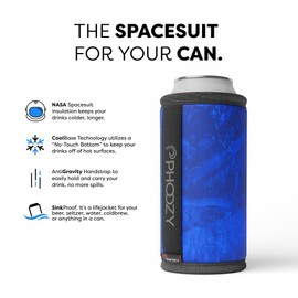 PHOOZY - Enfriador de latas con aislamiento para latas altas de 16 onzas, aislamiento patentado de traje espacial que mantiene las bebidas frías, más tiempo (pesa menos de 2 onzas), color azul