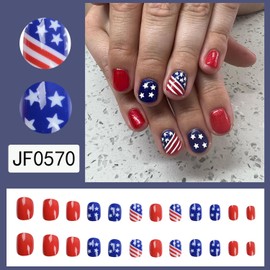 Independence Day Press on Nails Short Square Full Cover Glossy Acrylic Patriotic False Nails with USA Flag Star Designs Artificial Short Coffin July 4th Fake Nails Glue Stick on Fingernails for Women