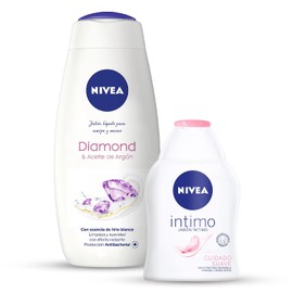 Kit Nivea Jabón Líquido Corporal Hidratante Biodegradable con Aceite de Argán, Care & Diamond, 500ml + Jabón Íntimo Femenino con Extracto de Manzanilla y Pantenól, Cuidado Suave PH Balanceado, 250 ml