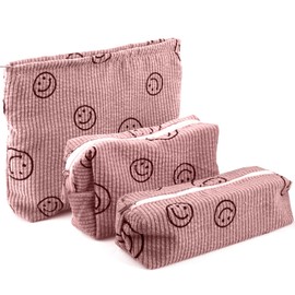 3 Stück Kulturtasche Kosmetiktasche, Smile Muster Multifunktionaler Reisen Kulturtasche für Damen Mädchen, Kordsamt-Kosmetiktasche mit Lächeln-Gesicht, Portable Aesthetic Bag Kulturbeutel (Rosa)