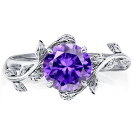 Wasee Sterling Silver Amethyst Leaf Ring, Size 7, Round, Birthstone for February, 1.5ct Amethyst, Prong Setting