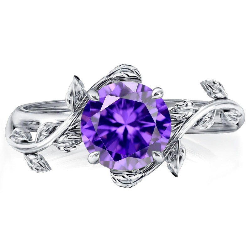 Wasee Sterling Silver Amethyst Leaf Ring, Size 7, Round, Birthstone