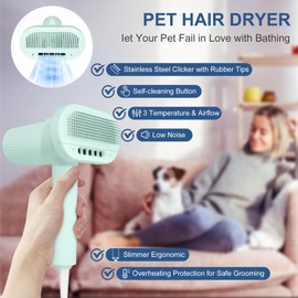L&W BROS. Low Noise Pet Blow Dryer with Slicker Brush - Adjustable Temperature, Overheating Protection for Grooming (Light Blue)