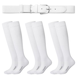 Haysandy Baseball or Softball Sock and Belt Combo Set 3 Football Baseball Socks with Softball Belt for Kids Youth Adult(Large,White)