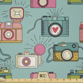 Ambesonne Retro Fabric by The Yard, Cheerful Hipster Pattern Old Analogue Photo Cameras Doodle Style Film Equipment, Microfiber Fabric for Arts and Crafts Textiles & Decor, 3 Yards, Almond Green