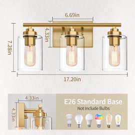 SKEJAO Bathroom Vanity Light Over Mirror,Bathroom Light Fixture Wall Sconce Lighting for Bedroom,Living Room (Gold, 3-Light)