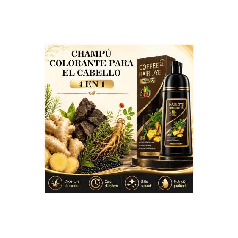 Hair Dye Shampoo 4 en 1 Fórmula Suave Ingredientes Naturales(Marrón