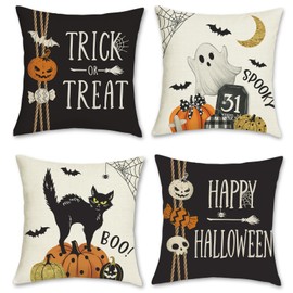 Bonhause Happy Halloween Cushion Covers 45 x 45 cm Pumpkin Ghost Black Cat Trick or Treat Decorative Pillow Covers Black Pillowcases for Sofa Bed Home Outdoor Decor Set of 4