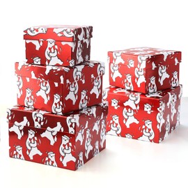 PAPER FAIR 5PCS Christmas Nesting Gift Boxes Set, Red Foil Mirrored Polar Bear Candy Cane Flat Square Cardboard Nested Box w/Lid, for Gift Wrapping Holiday Xmas Birthday, Assorted Size