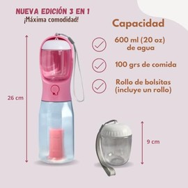 Bebedero Portátil para Perros 3 en 1, Botella de Agua 600 ml con Compartimento para Croquetas y Bolsas para Heces, Dispensador Antifugas para Paseo, Viaje y Senderismo, Accesorio Perros y Gatos (Rosa)