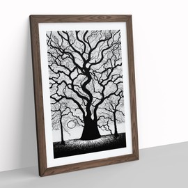 Monochrome Tree Art No.2 Framed Print for Living Room Bedroom Home Office Décor, Wall Art Picture Ready to Hang, Walnut A4 Frame (34 x 25 cm)