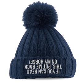 Funny Horse Riding Faux Fur Pop Pom Beanie Embroidered If You Can Read This Help Me Find My Horse Autumn Winter Ribbed Knit Embroidery Hat, One Size, Navy