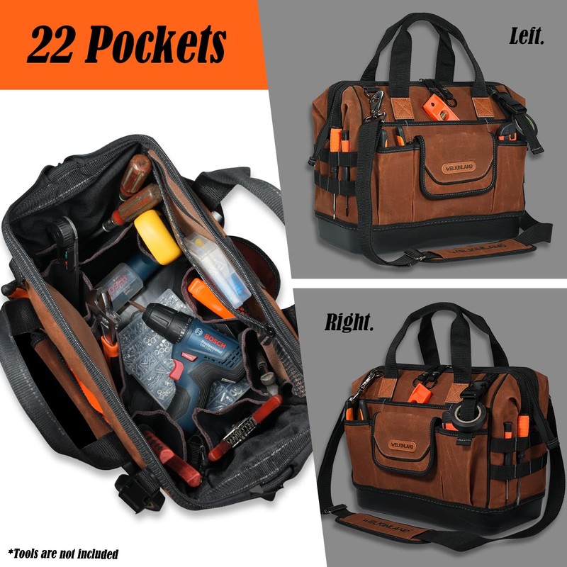 WELKINLAND 22-Pockets Hard Bottom Tool Bag, 14-Inch Waxed Canvas Tools