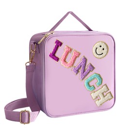 Insulated Lunch Bag With Adjustable Shoulder Strap, Nylon Lunchbox Large Insulated Lunch Box Reusable Lunch Tote Bag with Smiley Preppy Lunch Bag for Girls Travel Picnic Office Working (Purple)