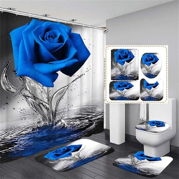 Blue Rose Bathroom Set with Shower Curtain and Non-Slip Rugs,