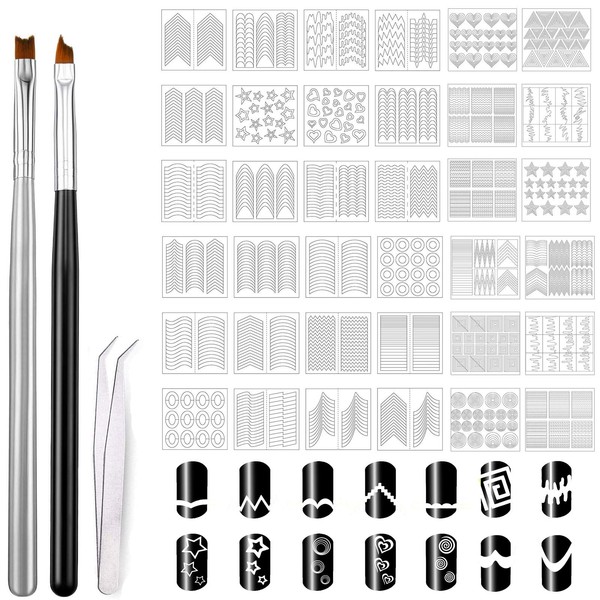 MWOOT 1275 Nail Art French Stencils for Gel Nails, French Tip Nail Sticker Set with 2 DIY Nail Design Brushes, Nail Art Drawing Sticker Kit, French Shape Guides Nail Stickers