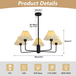 KCO Lighting Vintage Pleated Fabric Ceiling Light Fixture Mid Century Modern Black Chandelier Contemporary Large White Chandelier 5 Light Chandeliers for Dining Room Living Room