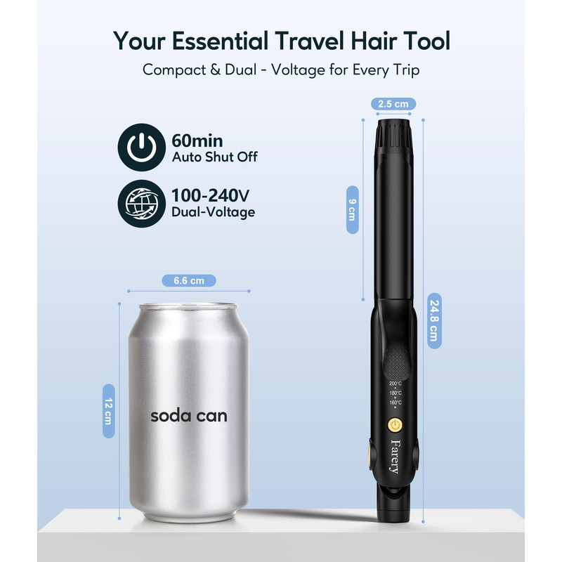 Farery Reise-Lockenstab, 25MM Mini-Haarglätter Reisegröße mit 4 einstellbaren Temperaturen, Keramik-Wellenstab