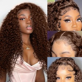 250% Density Mongolian Deep Lace Front Wigs Human Hair 13x6 Auburn Brown HD Transparent Lace Front Wigs for Women With Baby Hair Chocolate Curly Lace Front Wigs Human Hair 24 Inch