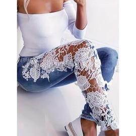 Helio Rush [Lace Contrast Hollow Out Jeans] Hollow Out Lace Contrast Jeans, Elegant Skinny Fit Denim Pants, Women's Denim Jeans & Clothing White Cotton Casual Womenswear Bottom Spandex Trouser Comfort - Colour: Sky Blue, Size: L