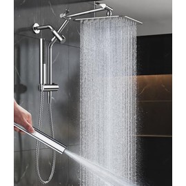 Veken All Metal 10" Shower Head with Handheld, Luxurious Square Double Rain Shower Heads with Spray Combo, Dual High Pressure Detachable Rainfall Showerhead with Extension Arm, Long Hose,Chrome,Sliver
