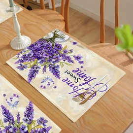 Lavender Placemats Set of 4 Purple Flower Butterfly Table Mats Home Sweet Home Place Mats 12x18 Inch for Party Kitchen Dining Restaurant Decoration