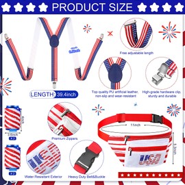 Mepase Patriotic Fanny Packs 4th of July Beverage Beer Belt Set USA Belt Bag Suspenders Drink Holder American Flag Men Shorts(XL,USA)