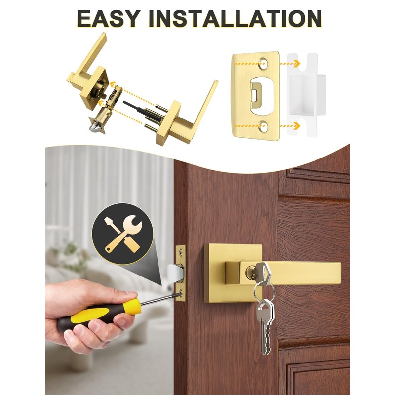 Tinewa 2 Pack Brushed Gold Entry Door Levers with Lock