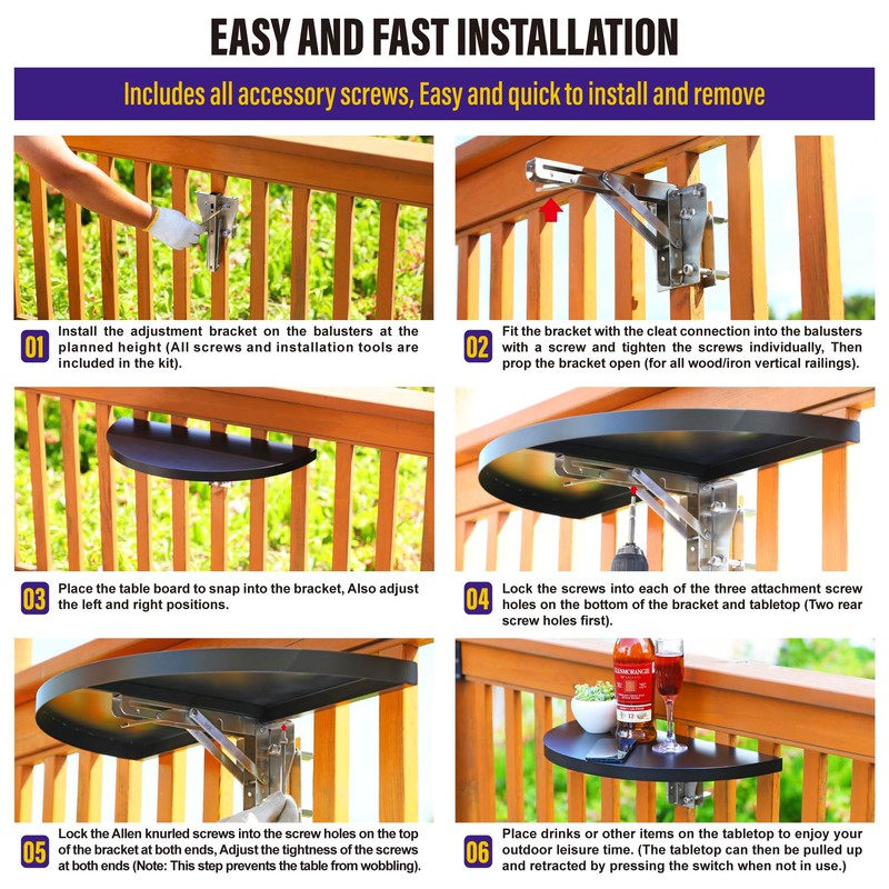 Hulave 304 Stainless Steel Deck Railing Adjustable Railing Folding Table,