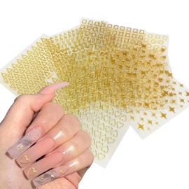 Gold Geometry Nail Art Stickers, Love Heart Letters Stars Circle Triangle Square Nail Self-Adhesive Sticker Designs, 3D Gold Glitter Nail Transfer Decals for Women Girls Manicure Charms Decorations