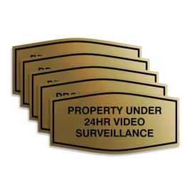All Quality Fancy Property Under 24Hr Video Surveillance Sign | Property Security Sign with Easy Installation | 24/7 Security Monitoring (Brushed Gold) - Small 5 Pack